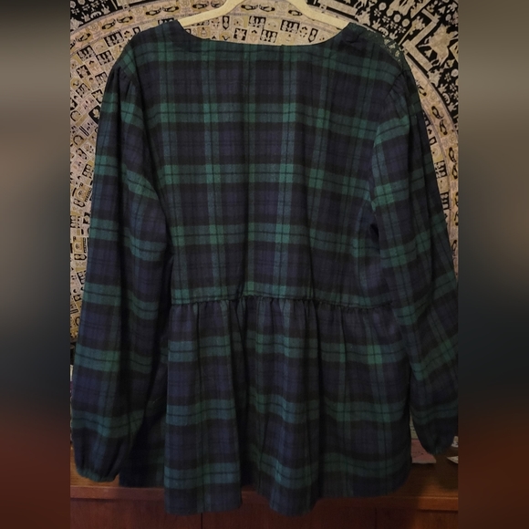 Maurices Babydoll Blue & Green Flannel Button Up Lace Shoulder Top - Picture 3 of 3